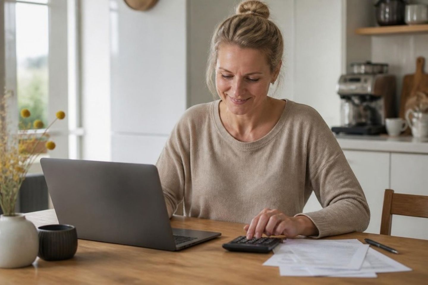 Smilende kvinde ved et køkkenbord med bærbar computer, lommeregner og regninger